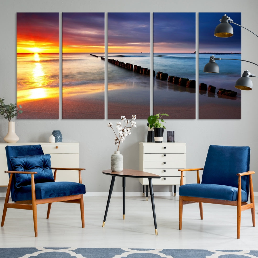 Impression sur toile d'art mural, coucher de soleil coloré, océan, plage, paysage