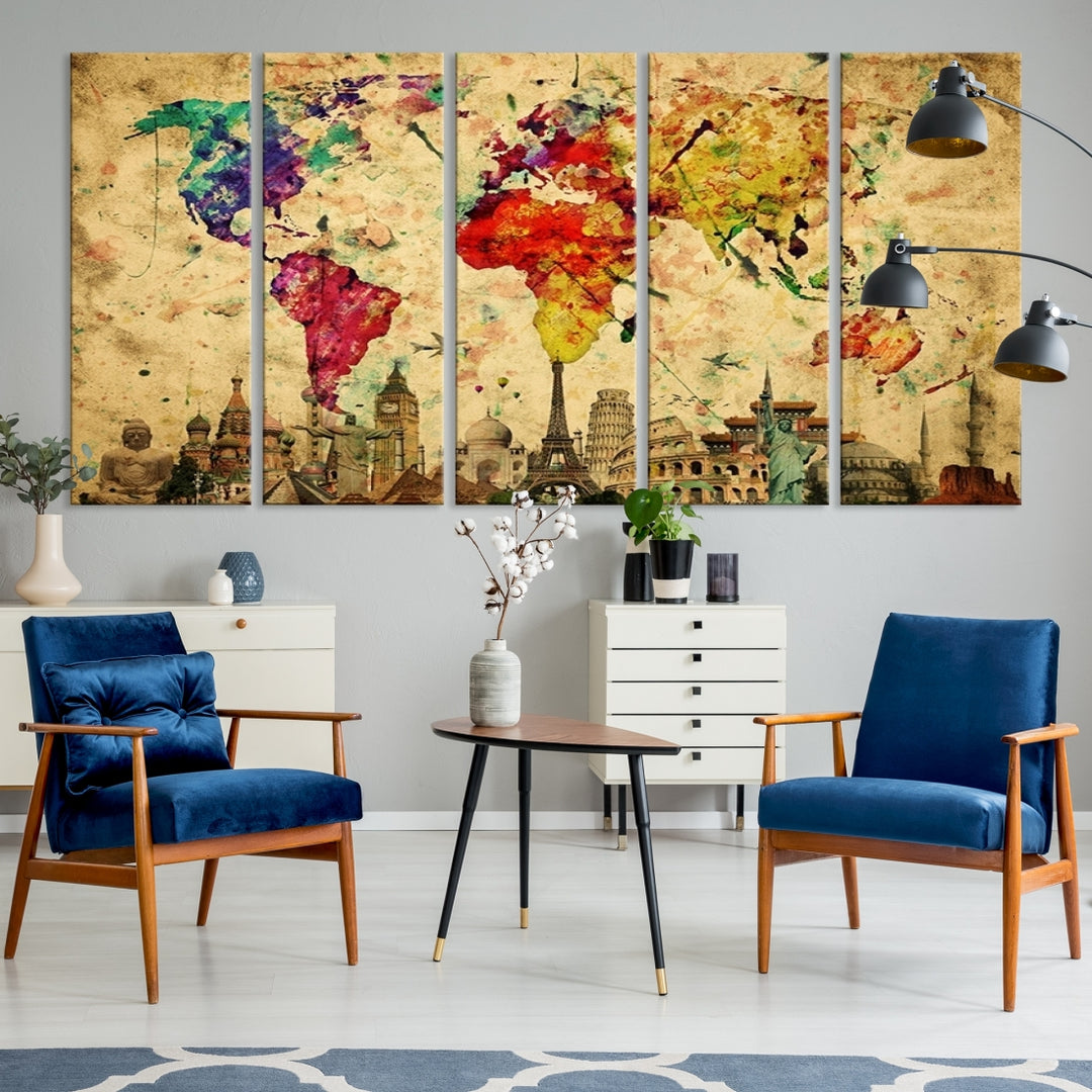 Carte du monde colorée avec les merveilles du monde ci-dessous