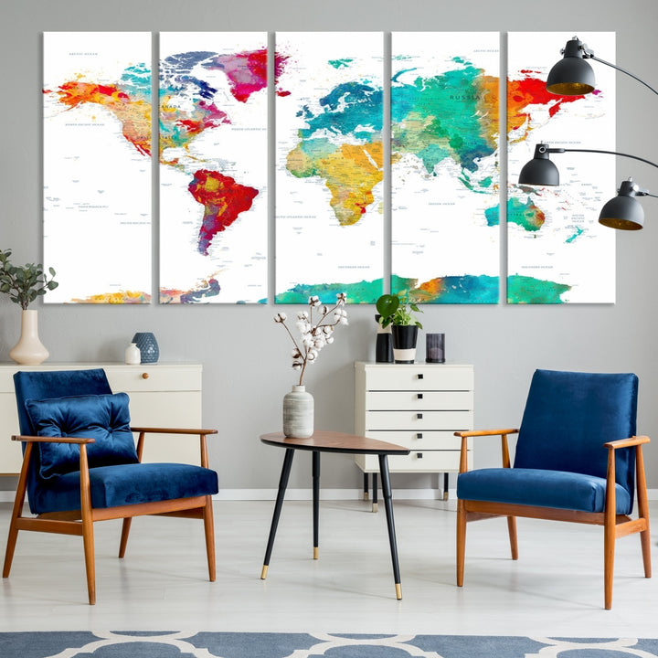 Art mural coloré de la carte du monde Impression sur toile