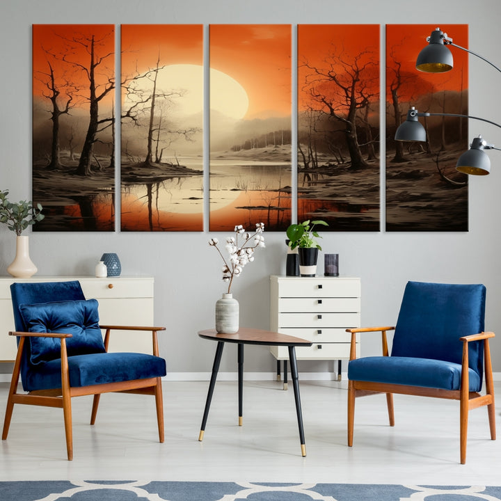 Abstract Watercolor Trees and Sunset on Lake Wall Art