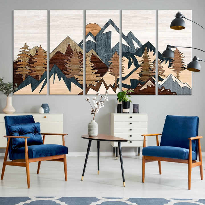 Toile effet panneau de bois abstrait rustique, impression sur toile avec chaîne de montagnes