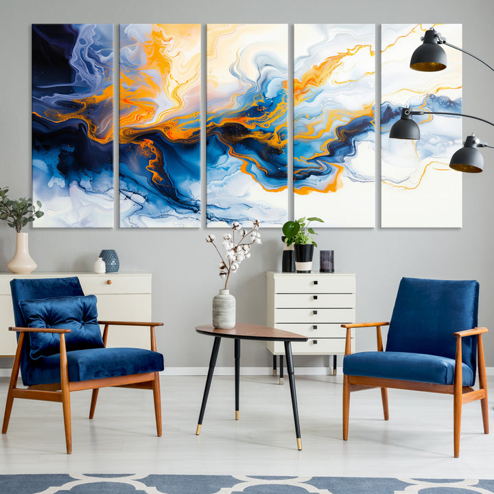 Arte de pared de tinta de alcohol fluido con oro - Impresión contemporánea abstracta orgánica moderna azul - Arte de pared corporativo ingenioso sobre lienzo