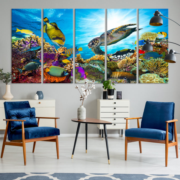 Ocean Life Turtle and Fish on the Coral Wall Art Canvas Print