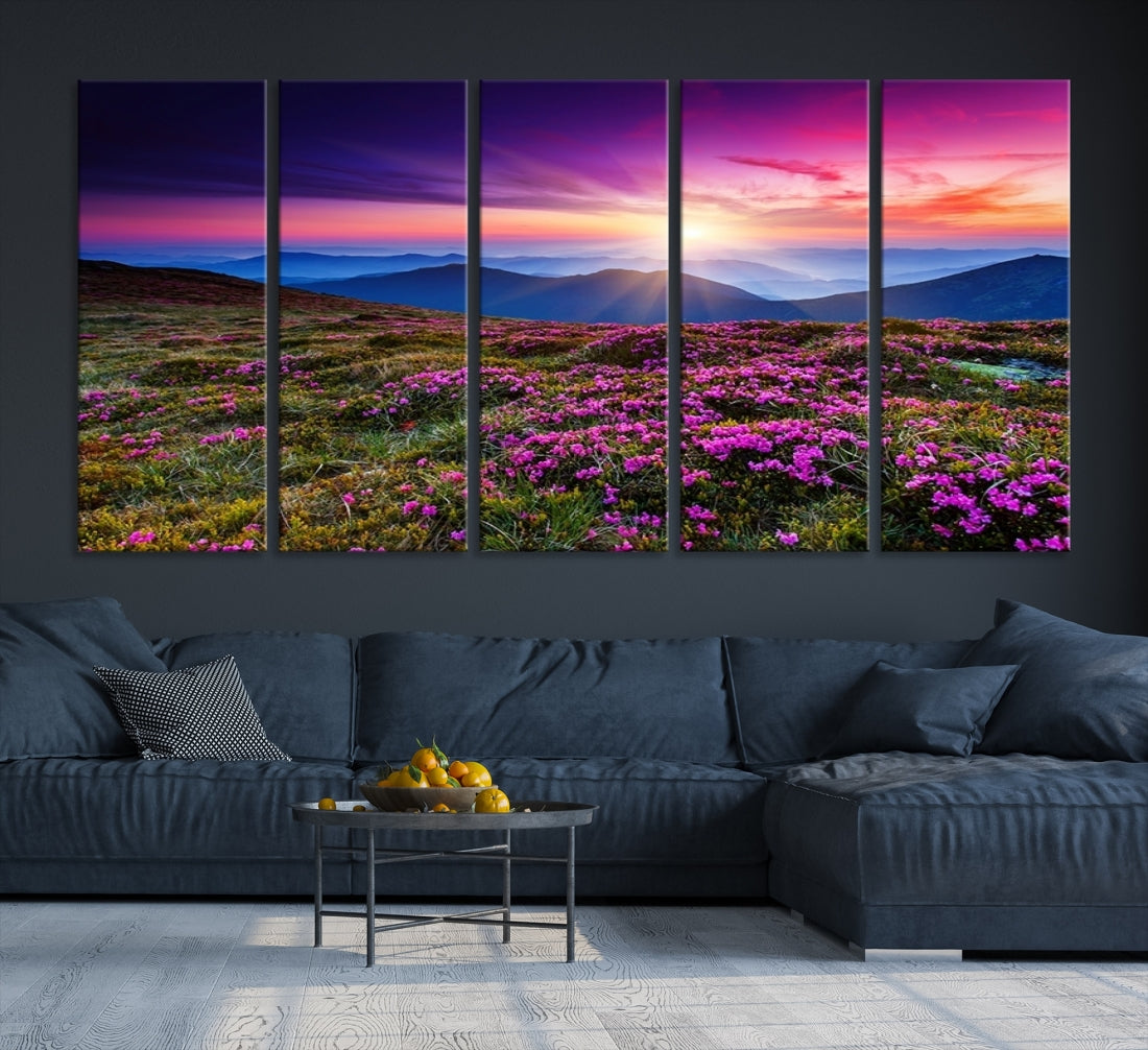 Large Wall Art Landscape Canvas Print - Purple Flowers and Mountains Behind at Sunset