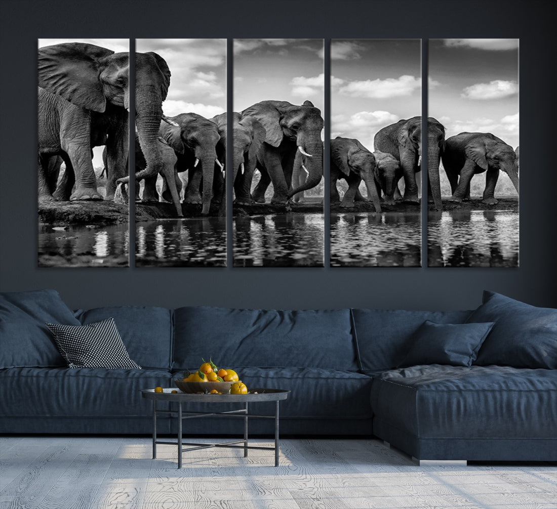 Large Wall Art Animal Canvas Print - Herd of Elephant Drinking Water Black and White
