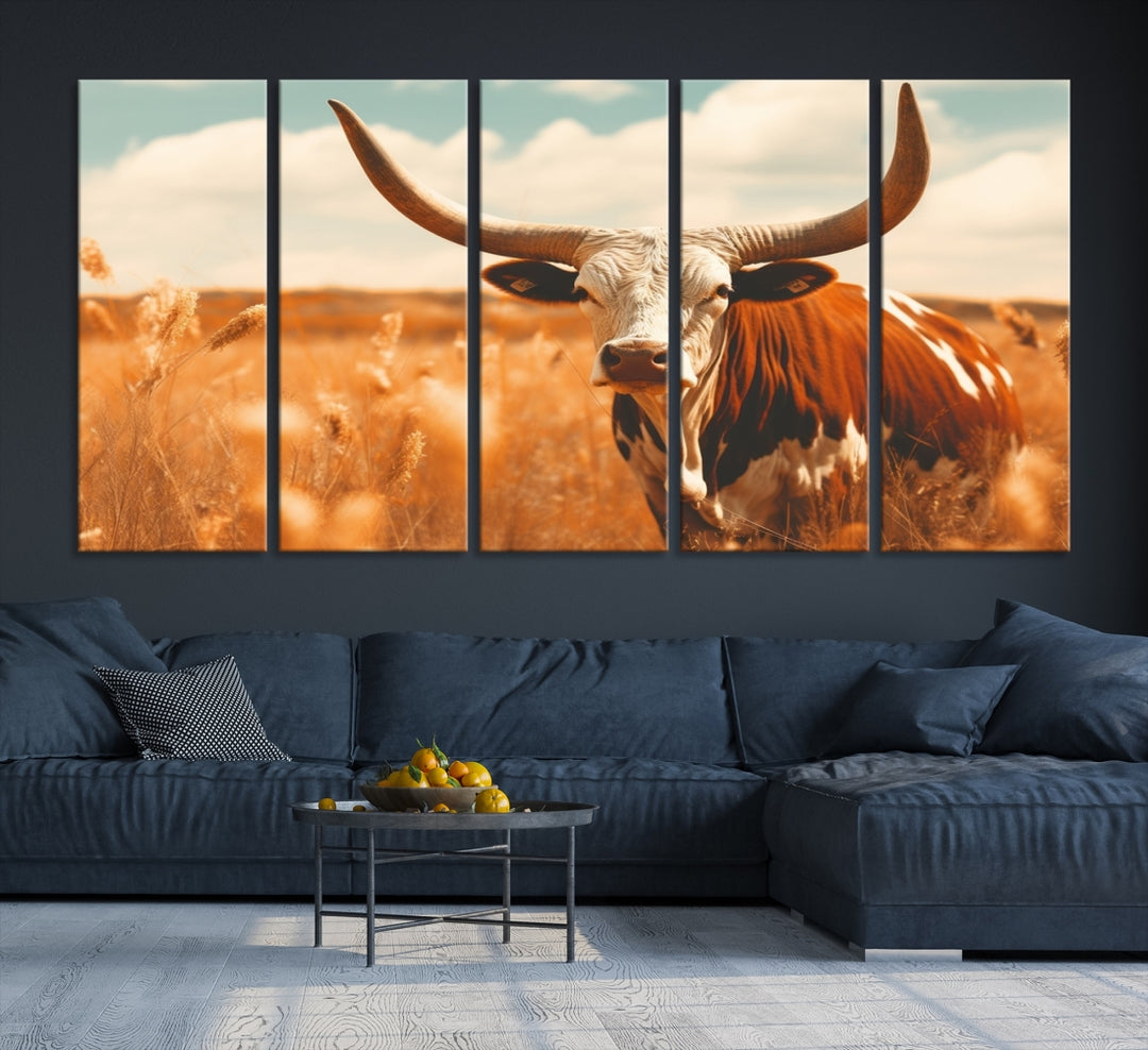 Cow Bighorn Wall Art Canvas Print, Longhorn Texas Cow Animal Canvas Print