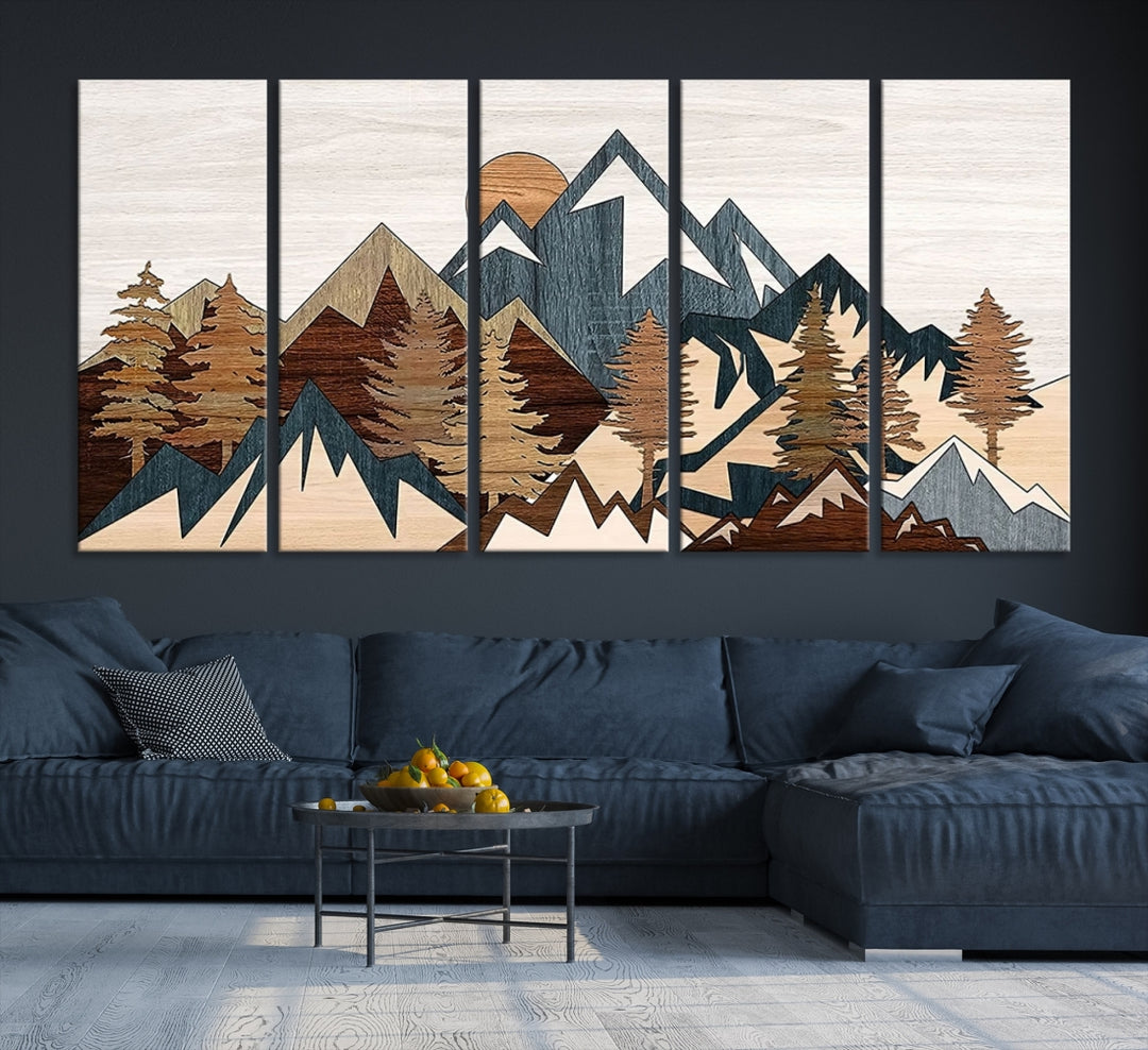 Impresión artística de pared superior de la cordillera, arte moderno, decoración rústica para sala de estar, lienzo enmarcado con efecto de panel de madera, impresión abstracta de montaña sobre lienzo 