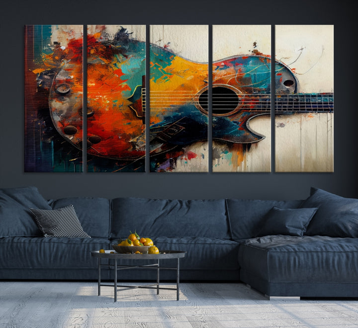Abstract guitar colorful oil painting canvas print wall art, Guitar canvas print, High quality music canvas, Musical instrument wall decor