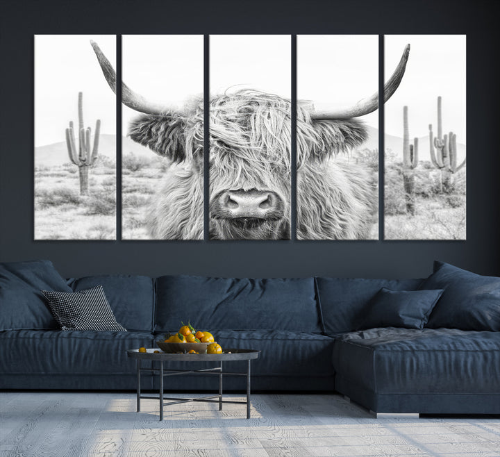 Encanto rústico | Impresión en lienzo del arte de la pared del Bighorn blanco y negro de la vaca Longhorn | Decoración de arte de pared de granja