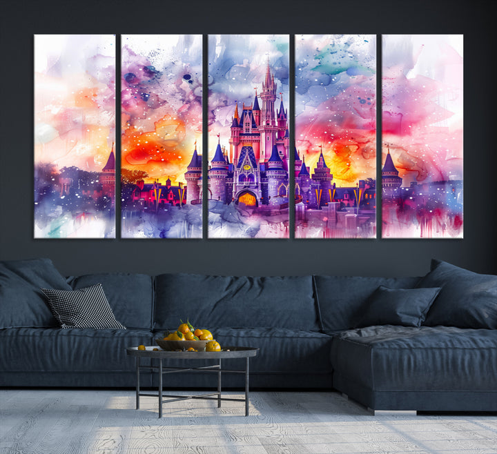 Arte de la pared de Disney, Castillo de Cenicienta Disney imprime arte, arte de decoración de la habitación del hogar de los niños vivos, cartel de Disneyland, pinturas de arte de acuarela sobre lienzo
