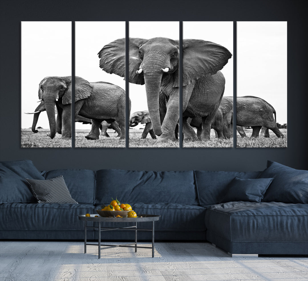 Black White Elephant Family Wall Art Canvas Print