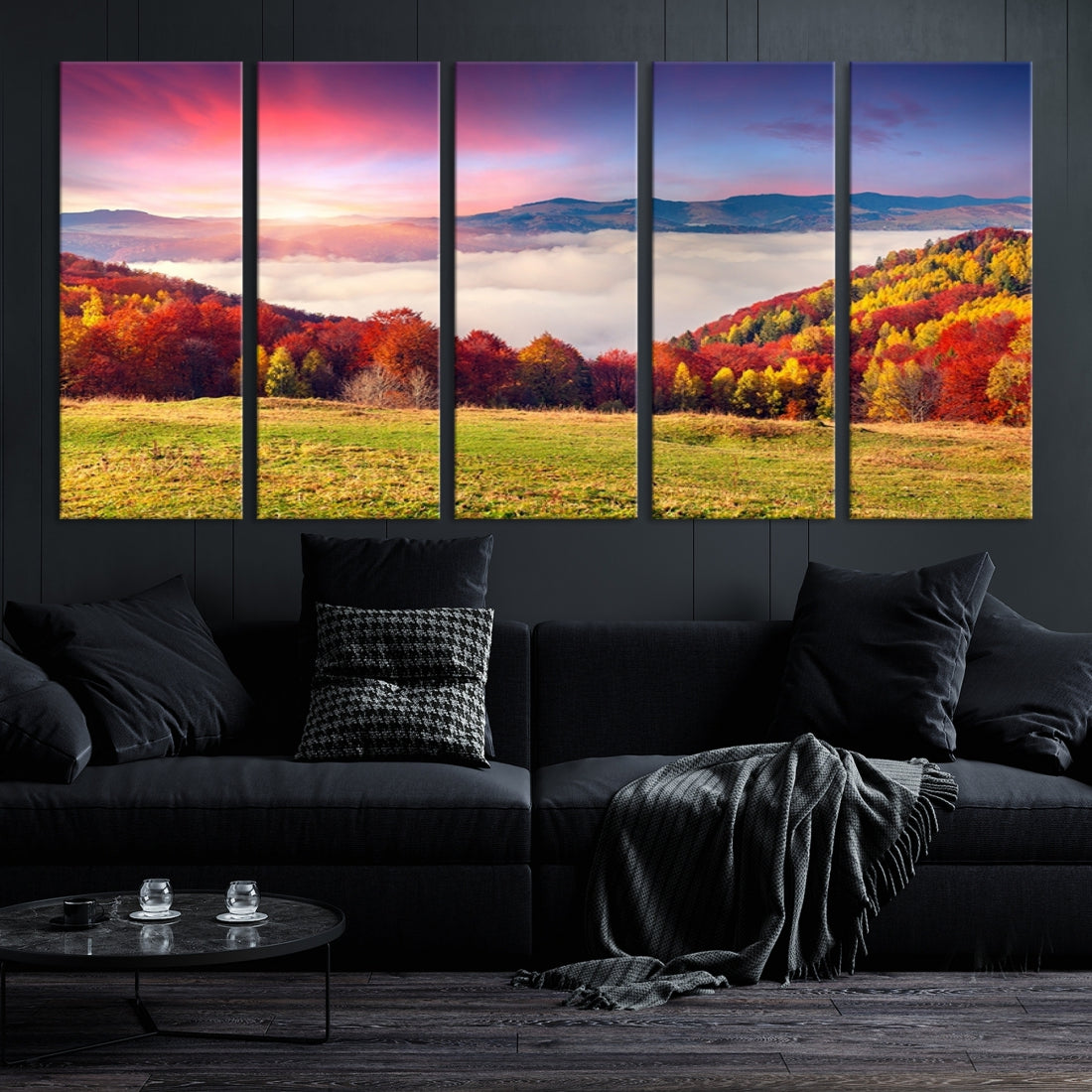 Extra Large Wall Art Mountain Canvas Print - Amazing Colorful Forest over Clouds at Sunset
