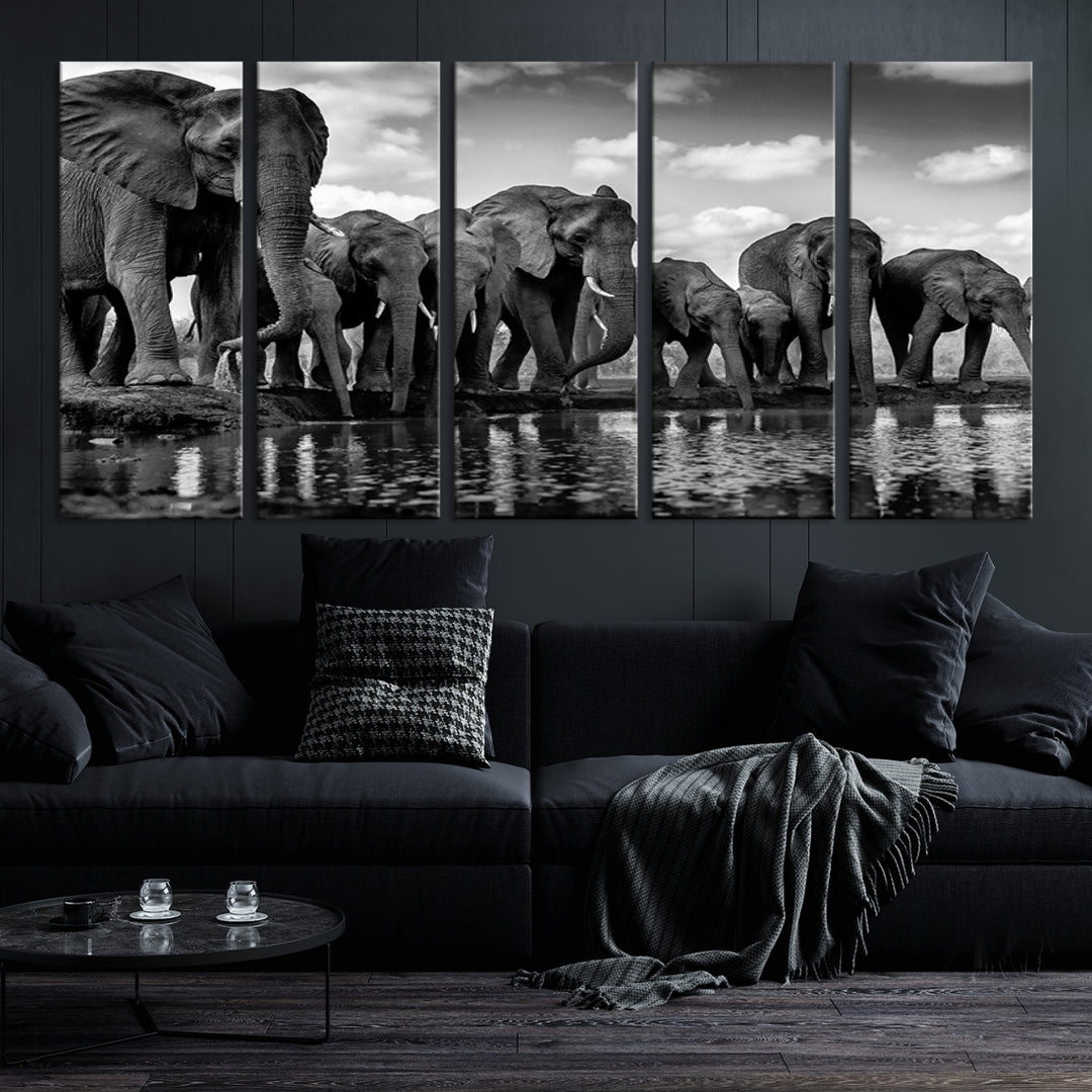 Wall Art Animal Canvas Print Herd of Elephant Drinking Water Black and White