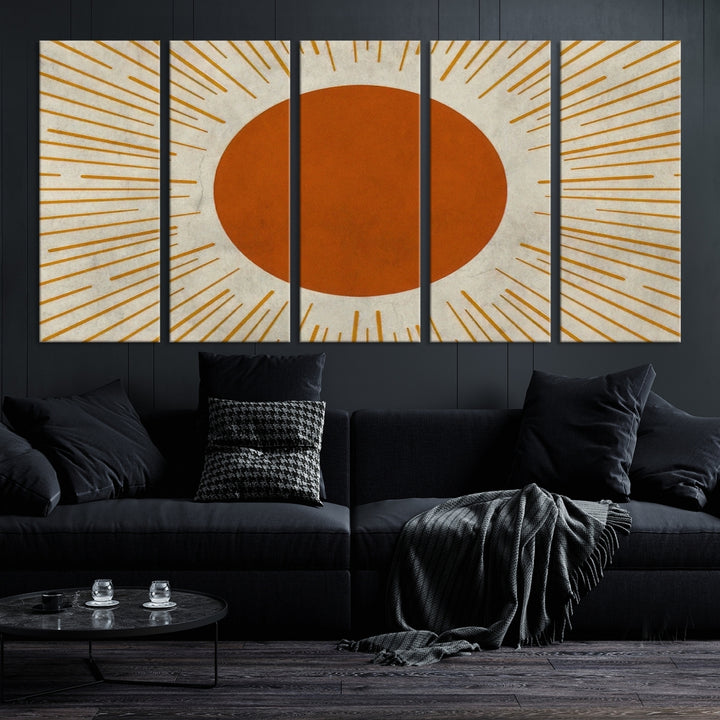 Lienzo enmarcado de 3 piezas, arte de pared, impresiones de sol con rayos, obra de arte moderna para el hogar de mediados de siglo, decoración bohemia neutra para dormitorio
