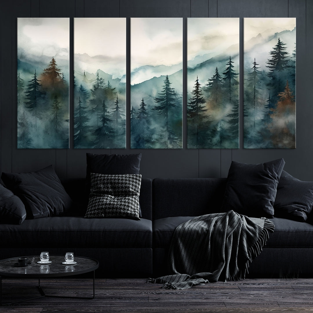 Art mural abstrait aquarelle forêt de pins montagne Impression sur toile