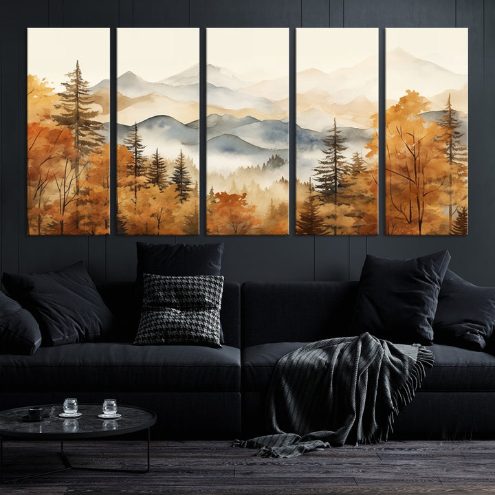 Aquarelle Automne Arbres d'automne Montagne Art mural abstrait Impression sur toile
