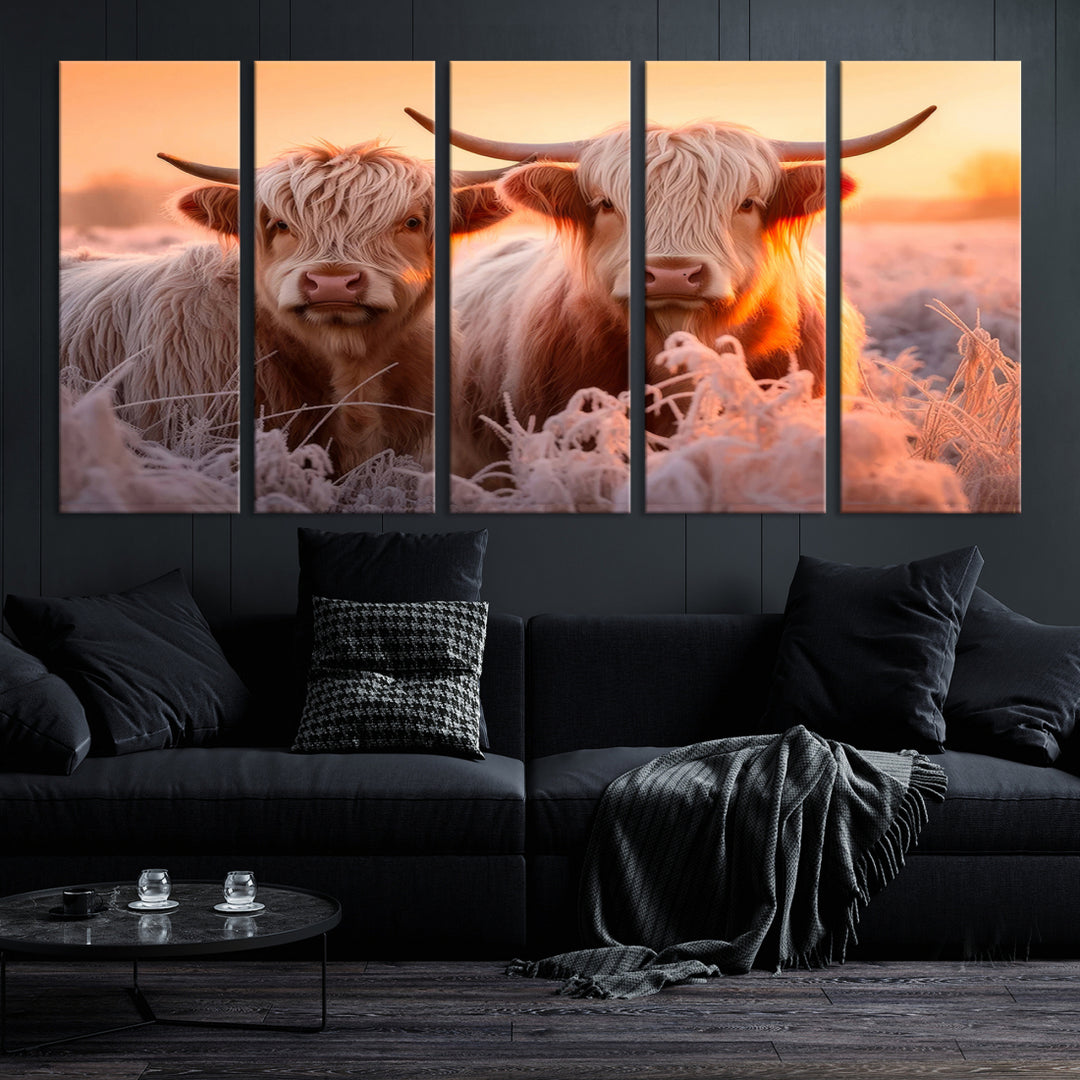 Scottish Cow and Baby Cow Canvas Wall Art Animal Print for Farmhouse Decor