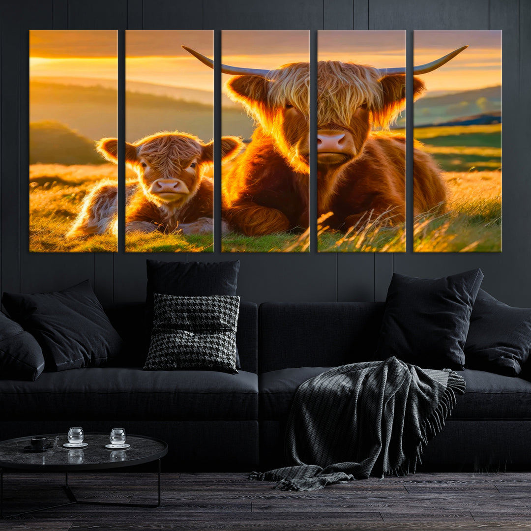 Scottish Cow and Baby Cow Canvas Wall Art Animal Print Fluffy Cattle Framed Farmhouse Decor