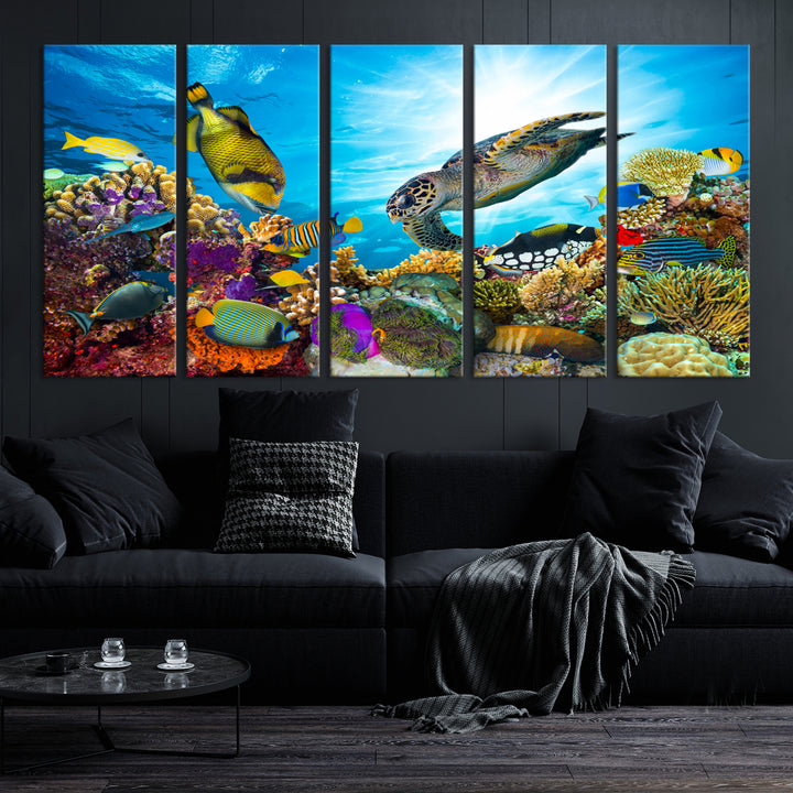 Ocean Life Turtle and Fish on the Coral Wall Art Canvas Print