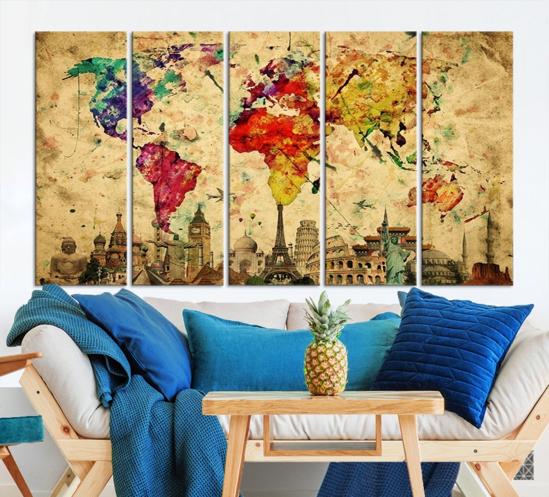 Colorful World Map with Wonders of the World Below