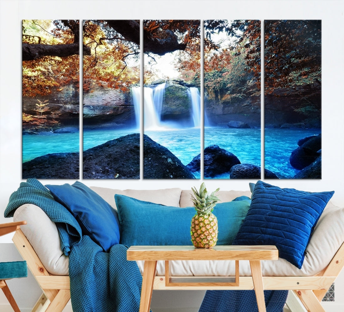 Large Wall Art Waterfall Canvas Print - Great Double Waterfalls with Bright Water in Forest