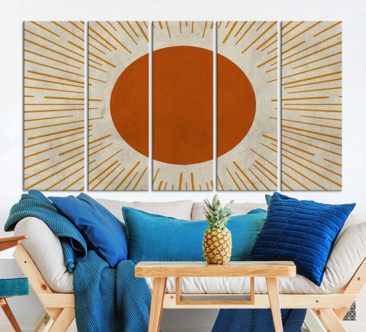 Lienzo enmarcado de 3 piezas, arte de pared, impresiones de sol con rayos, obra de arte moderna para el hogar de mediados de siglo, decoración bohemia neutra para dormitorio