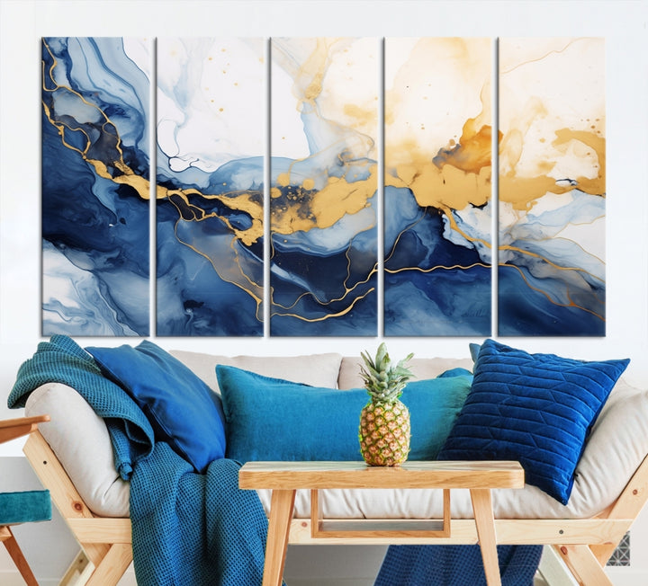 Impresión en lienzo de arte abstracto de pared azul marino y dorado para decoración moderna del hogar, oficina, sala de estar y comedor