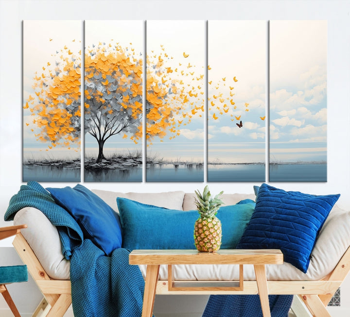 Impression sur toile d’art mural papillon et arbre abstrait, impression de peinture abstraite bleu orange