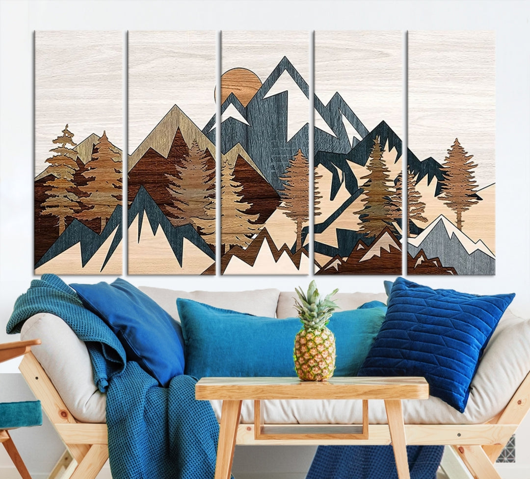 Rustic Abstract Wood Panel Effect Canvas Mountain Range Top Wall Art Canvas Print