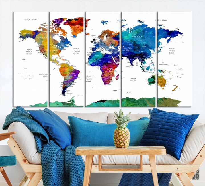 Bold Color Blue World Map Wall Art Canvas Print
