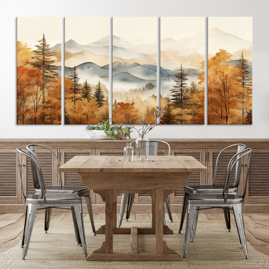 Watercolor Fall Autumn Trees Mountain Abstract Wall Art Canvas Print