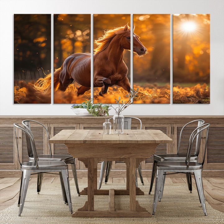 Running Horse Sunset Forest Wall Art Canvas Print