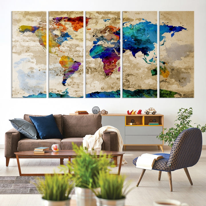 Acuarela mapa del mundo lienzo impresión gran mapa del mundo arte de la pared gran diseño gran idea de regalo