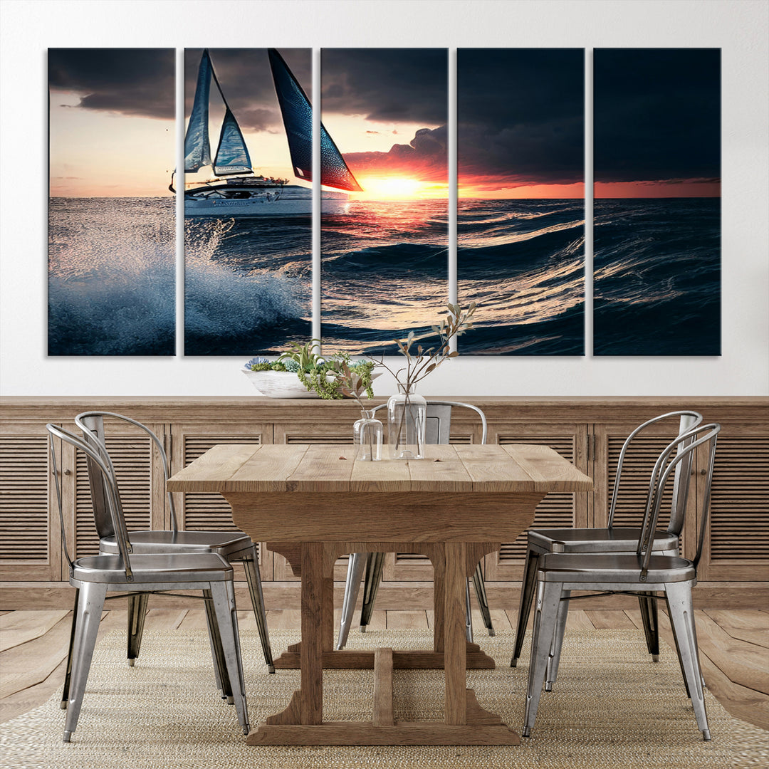 Ocean Sailing Boat Wave Sunset Wall Art Canvas Print