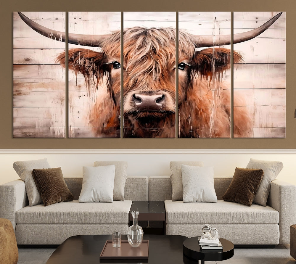 Highland Cow Pintura lienzo impresión Arte de la granja Ganado Fondo de madera Arte de la pared del país Impresión de la vaca Arte de la pared rústica Lienzo extra grande