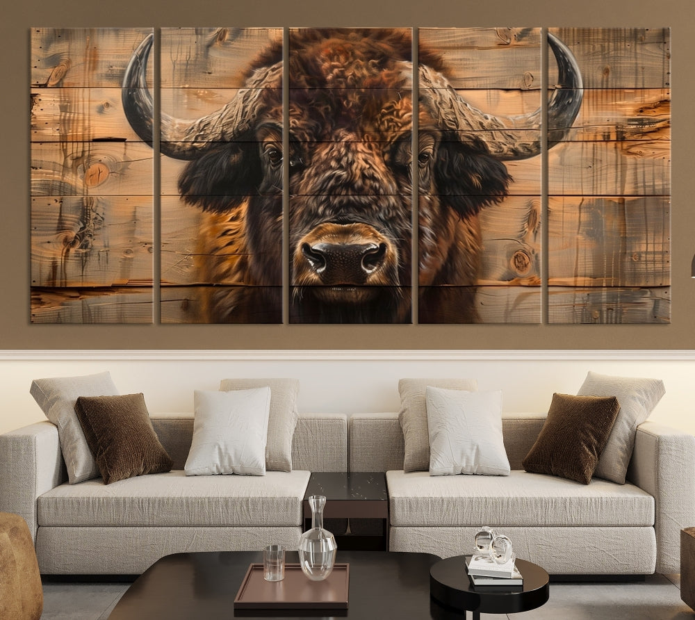 Bisonte lienzo pared arte búfalo americano impresión Bison Pintura original Decoración rústica Arte de la pared de la granja Bison Wood fondo Large Wall Art