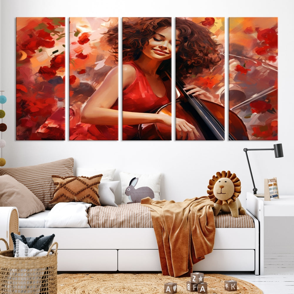 Mujer músico afroamericana abstracta tocando el arte de la pared del violonchelo, pintura de jazz, obras de arte para paredes, arte de pared de lienzo grande enmarcado, impresión de arte musical