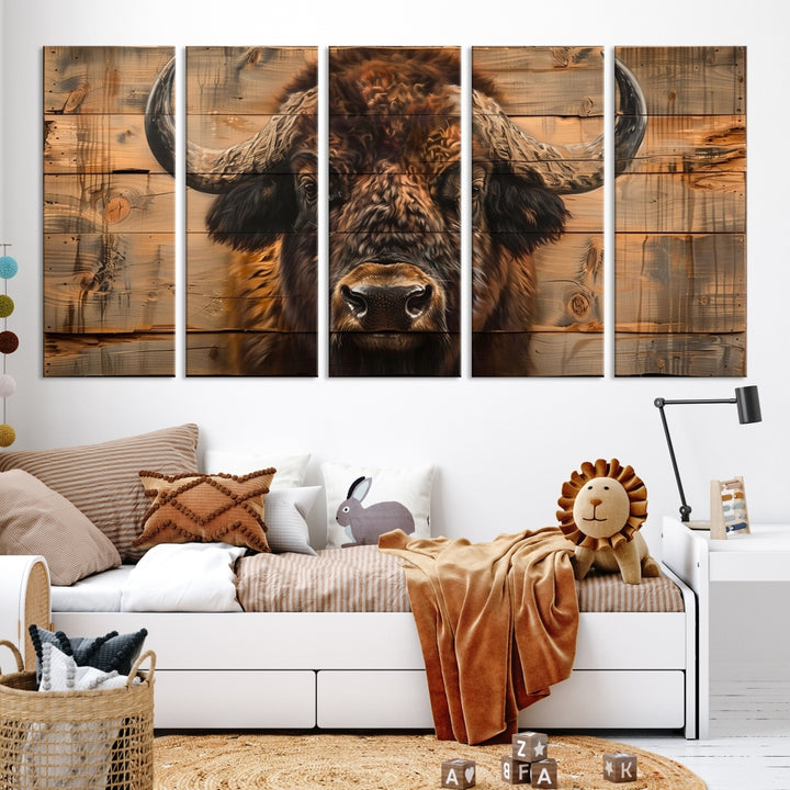 Bison on Wood Background Canvas Wall Art American Buffalo Print
