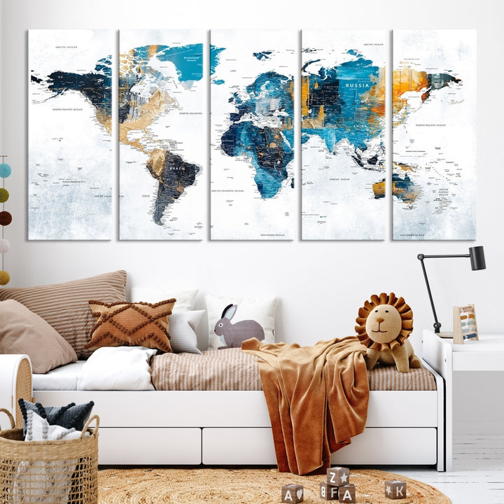 Arte de pared naranja turquesa del mapa mundial Lienzo