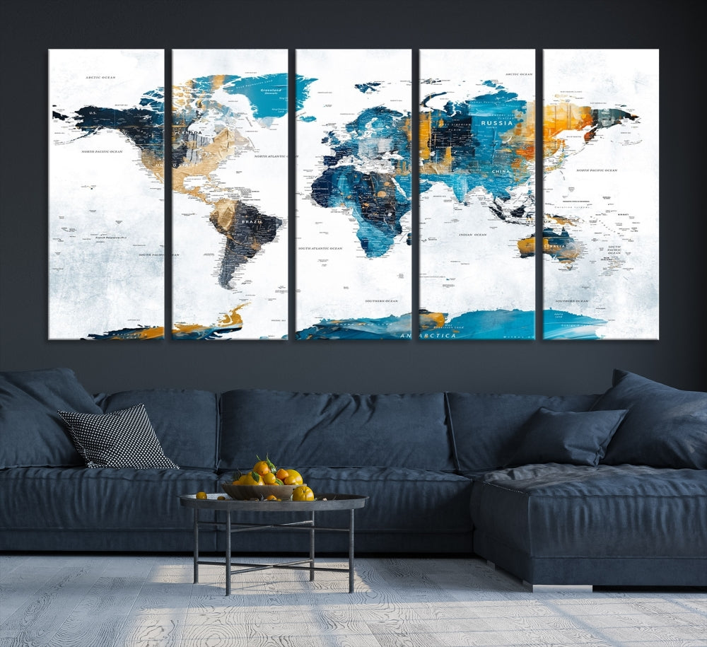 Turquoise Orange World Map Canvas Wall Art