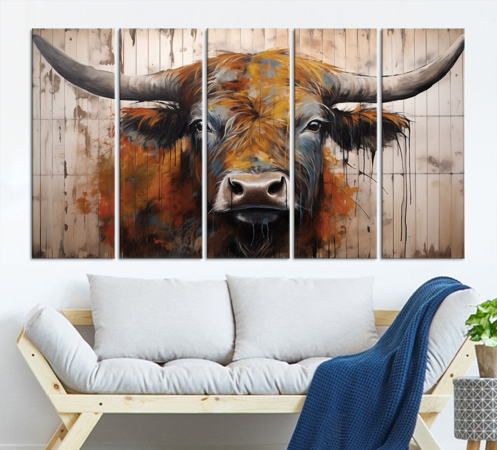 Vaca abstracta de acuarela sobre arte de pared de fondo de madera Lienzo