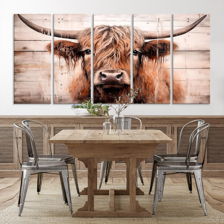 Highland Cow Pintura lienzo impresión Arte de la granja Ganado Fondo de madera Arte de la pared del país Impresión de la vaca Arte de la pared rústica Lienzo extra grande