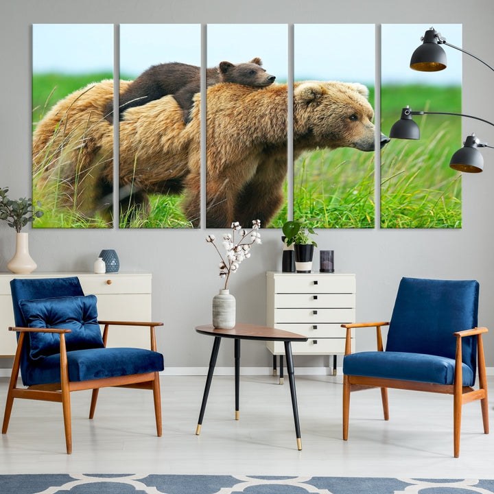 Impresión en lienzo de oso y cachorro, arte de pared de animales en blanco y negro, decoración de pared de cabina