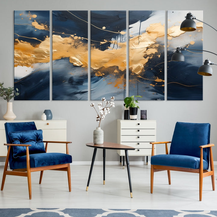 Lienzo decorativo para pared con múltiples paneles abstractos en azul marino y dorado