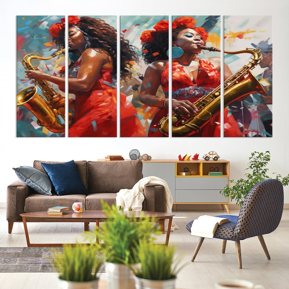 Arte abstracto de la pared de las mujeres del músico del saxofonista afroamericano para la sala de estar