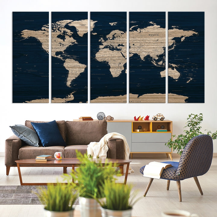 Dark Blue Wall Art Canvas Print Wood Background Detailed Map Artwork