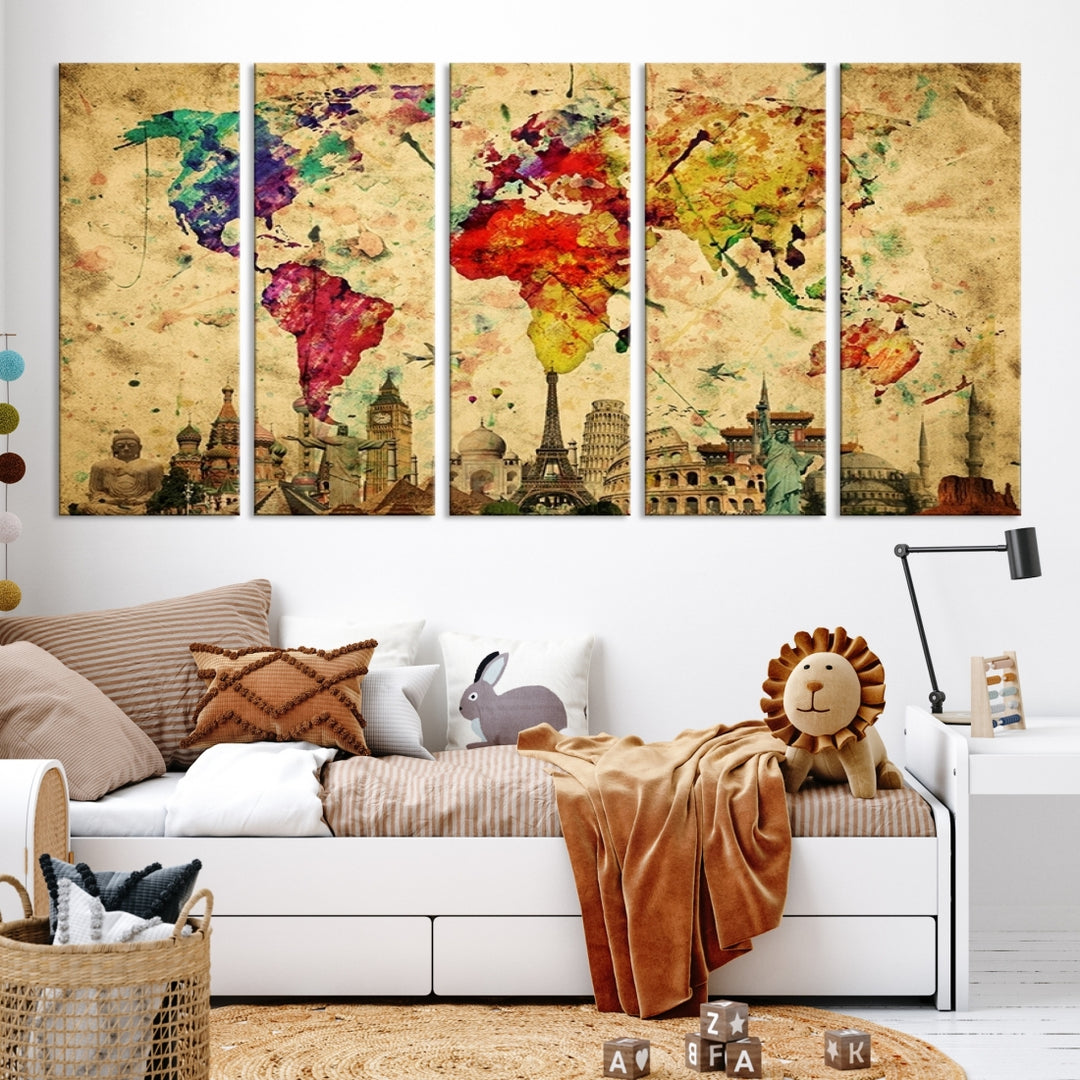 Colorful World Map with Wonders of the World Below