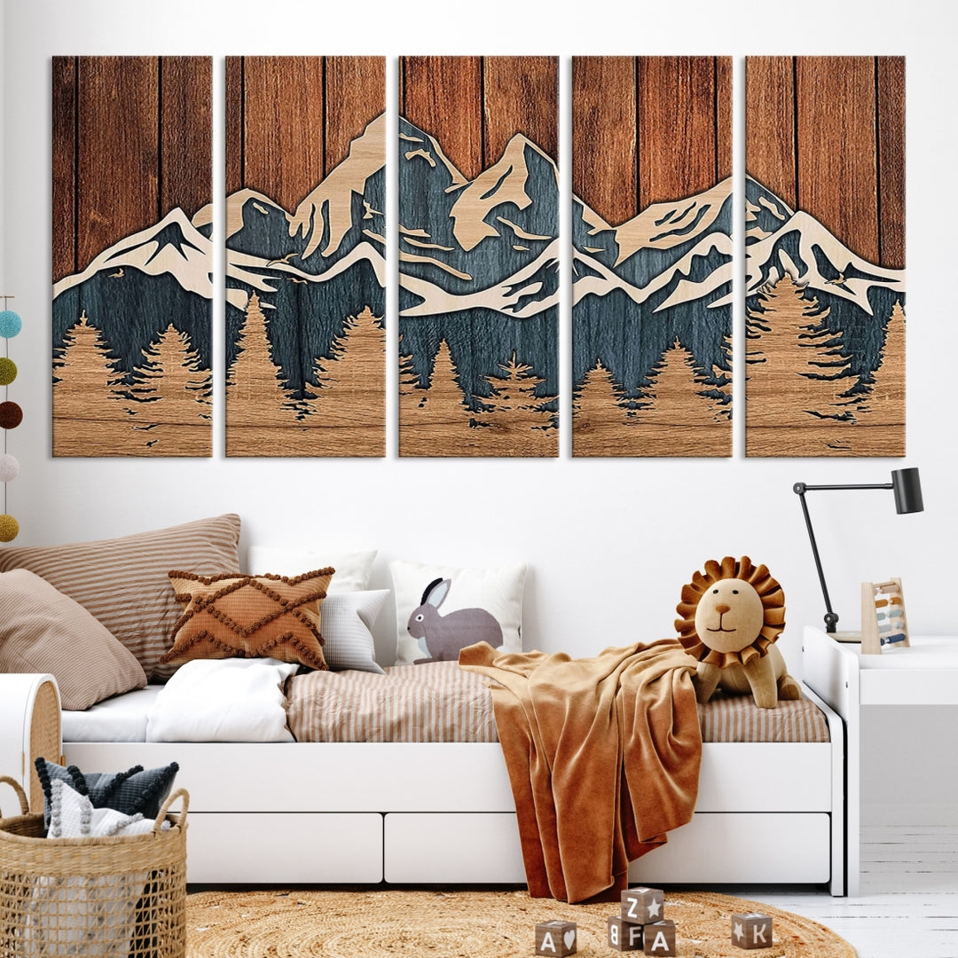 Abstract Wood Panel Effect Mountain Range Top Wall Art Canvas Print