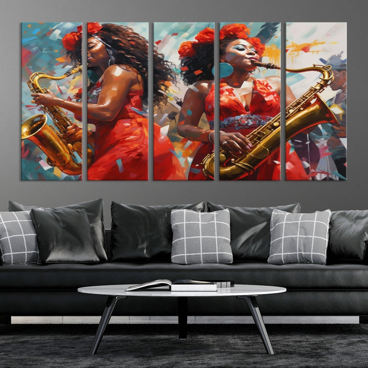 Art mural abstrait pour femmes, saxophoniste afro-américaine, musicienne