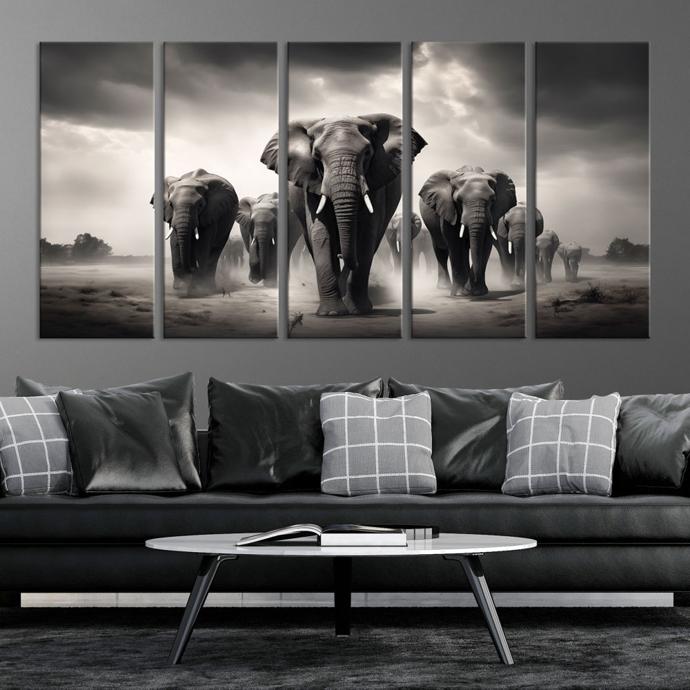 Art mural de la famille des éléphants noirs et blancs Impression sur toile